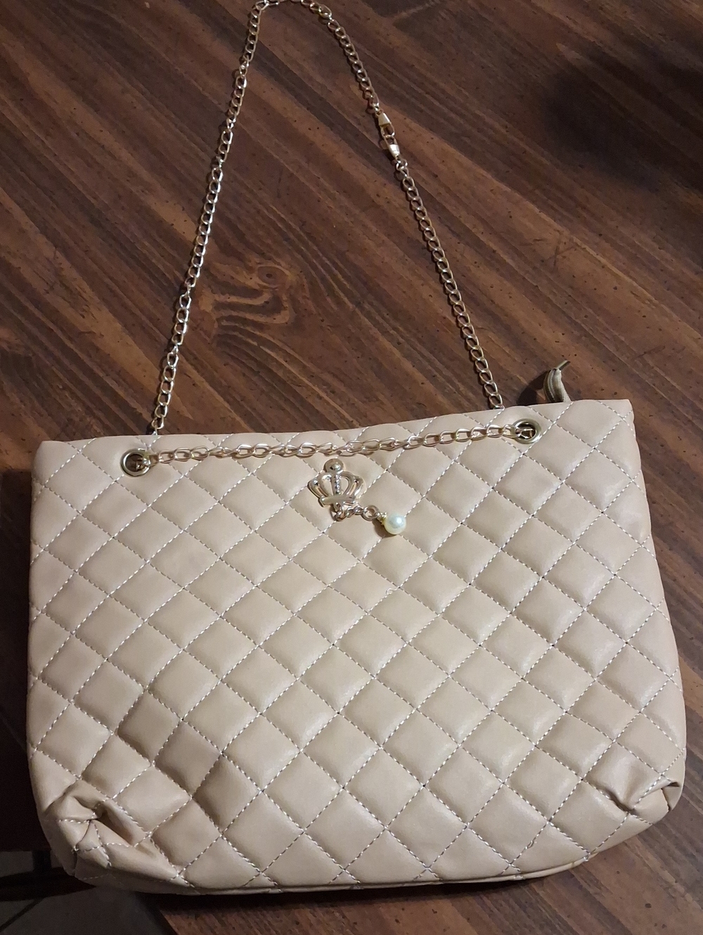 Quilted Beige Chain-Handle Shoulder Bag